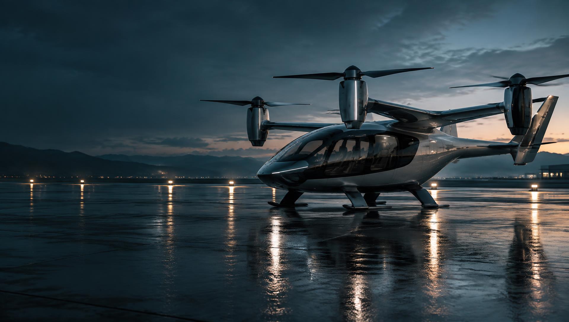 eVTOL aircraft on a runway at dusk